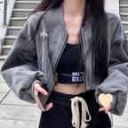 Women's Short Curved Hem Washed Denim Jacket