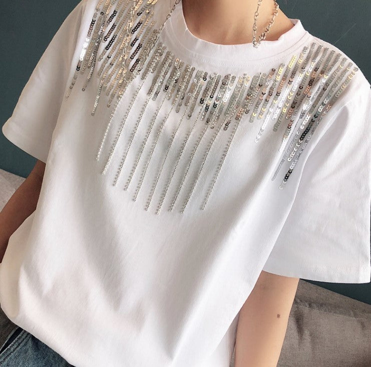 Sequin Rhinestones Tassel Women's Short Sleeve Spring And Summer New