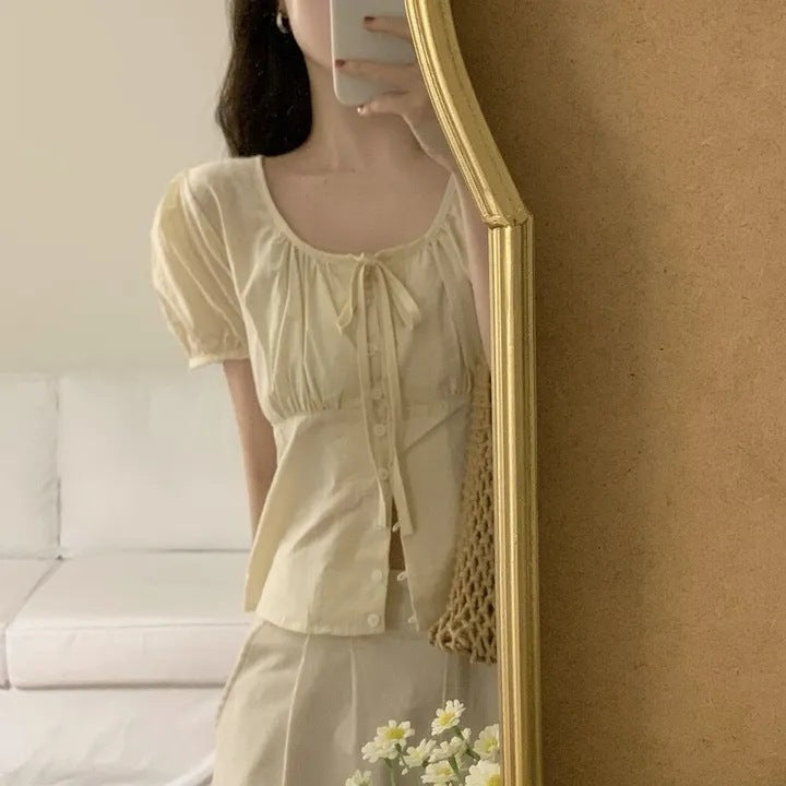 Single-breasted Lace Up Short Shirt French Small Top