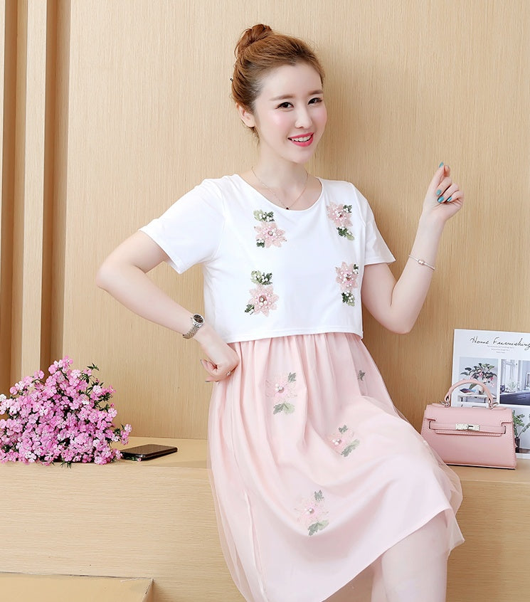 Summer Korean Fashion Mid-Length Short-Sleeved Fake Two-Piece Breastfeeding Plus Size Dress