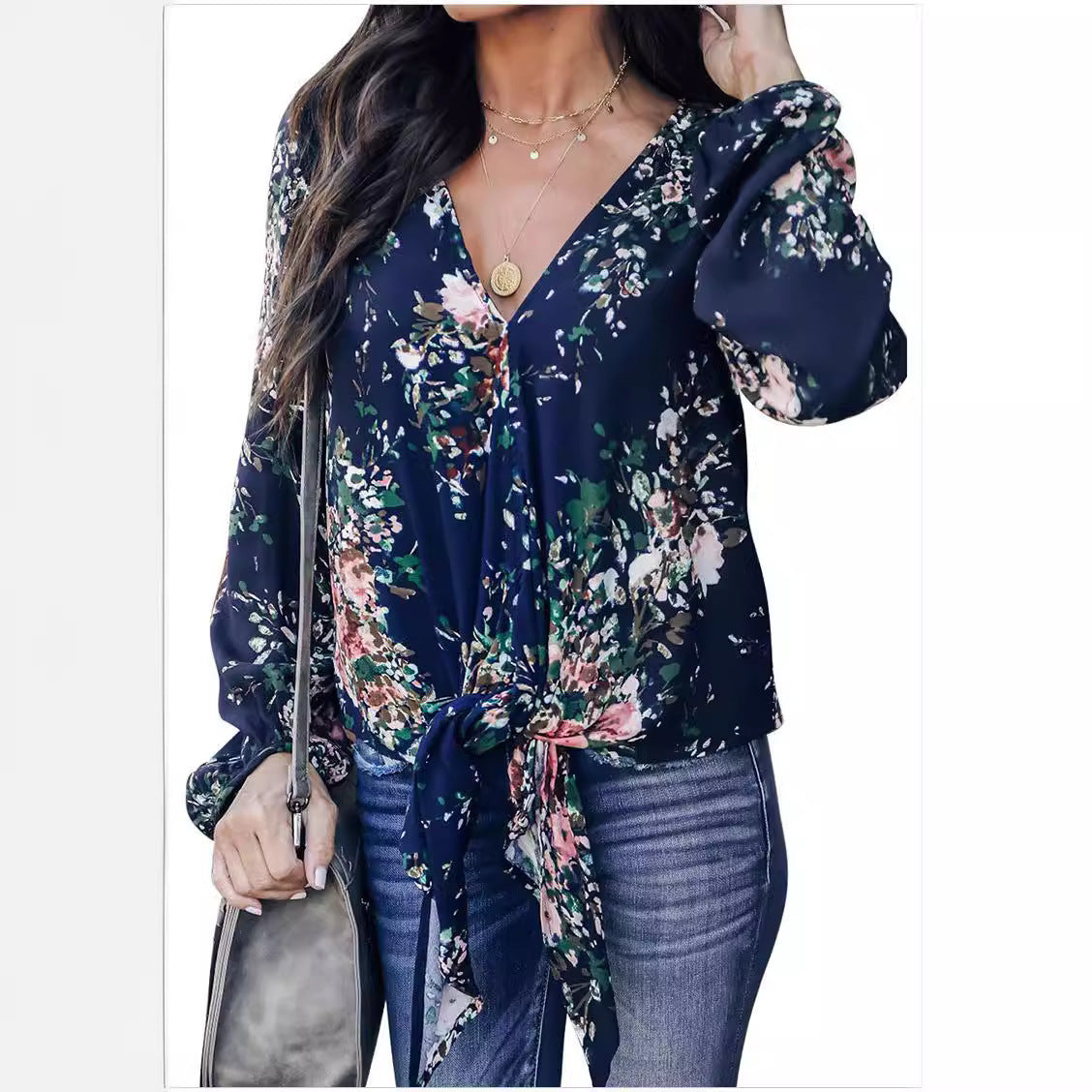 Fashion Shirt V-neck Long Sleeve Knotted Vintage Print Top For Women