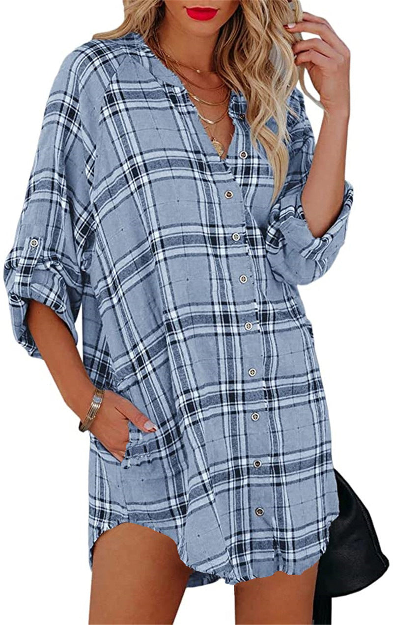 Plaid Printed V-neck Long Sleeve Top