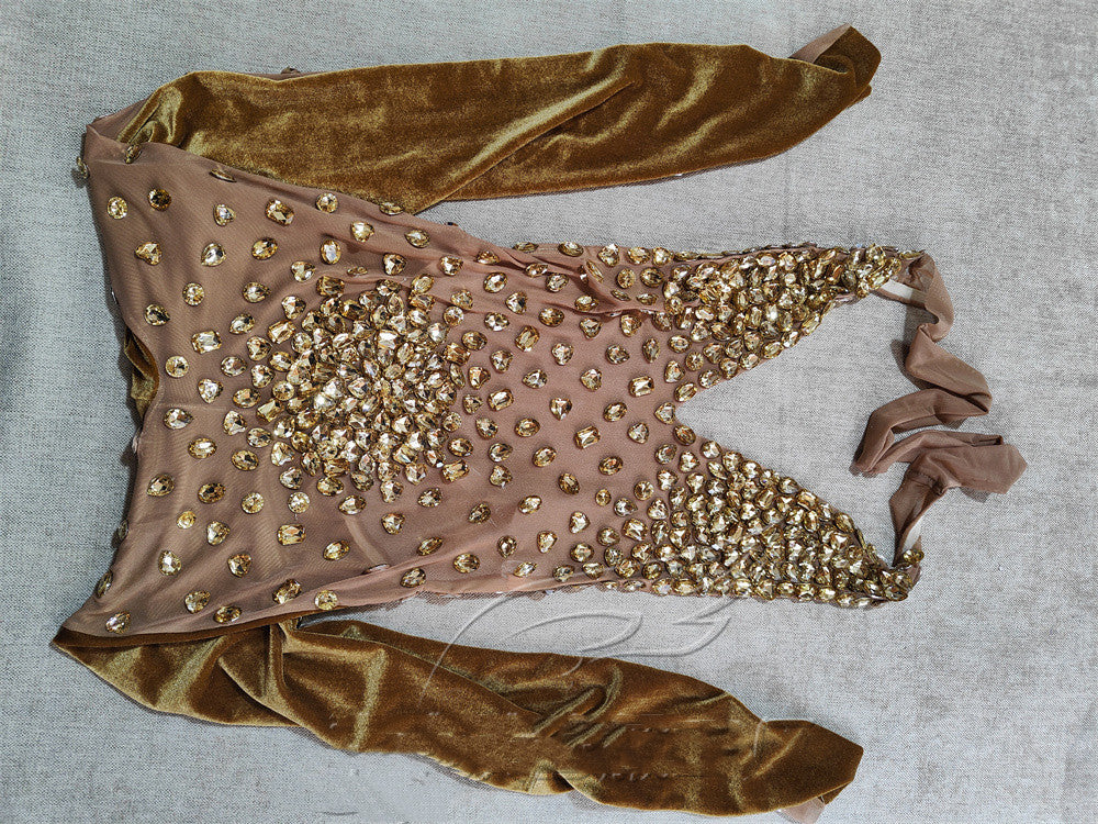 Gray Velvet Rhinestone Stretch One-piece Stage Performance Clothing Woman