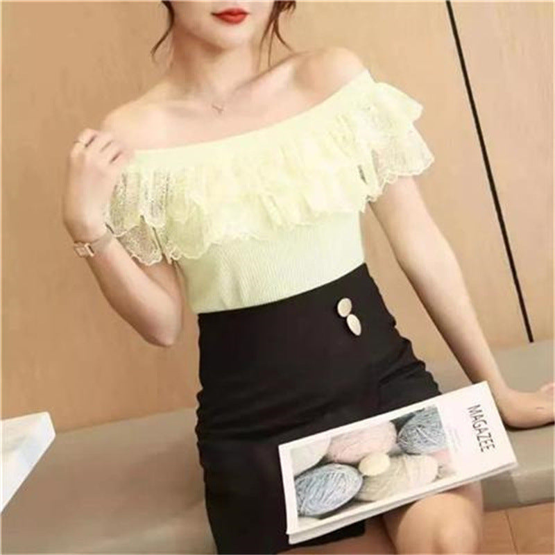 Off-shoulder Top Slim Lace Stitching Ruffled Short Sleeves