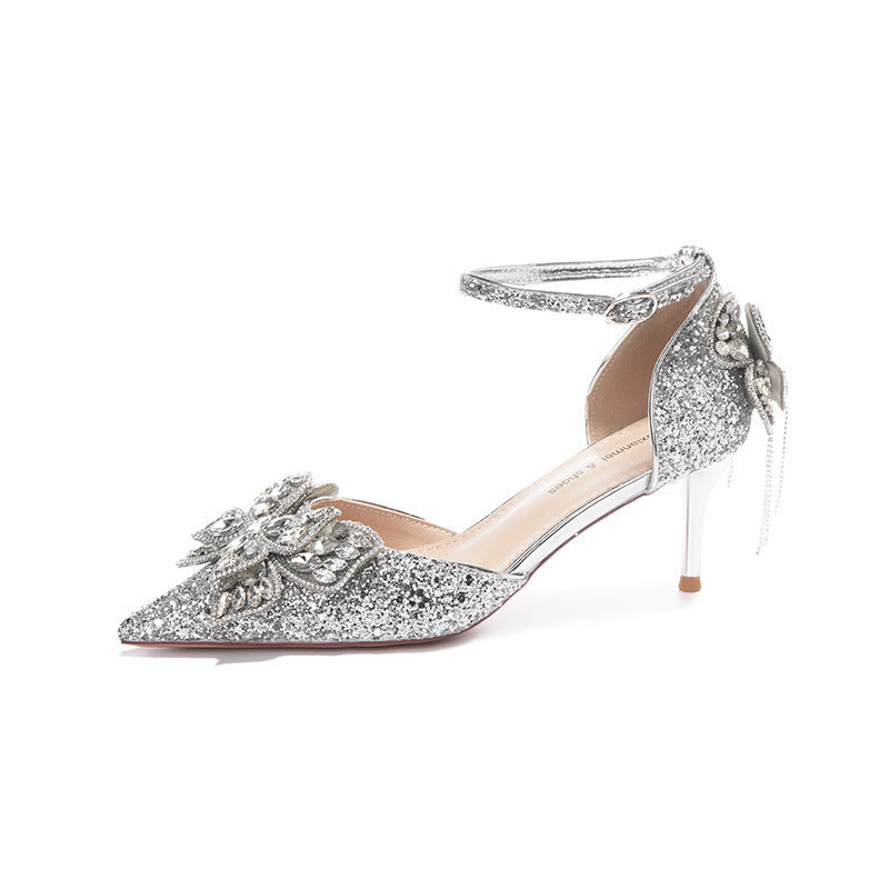 Sequin Rhinestones Bow Tassel Hollowed Sandals