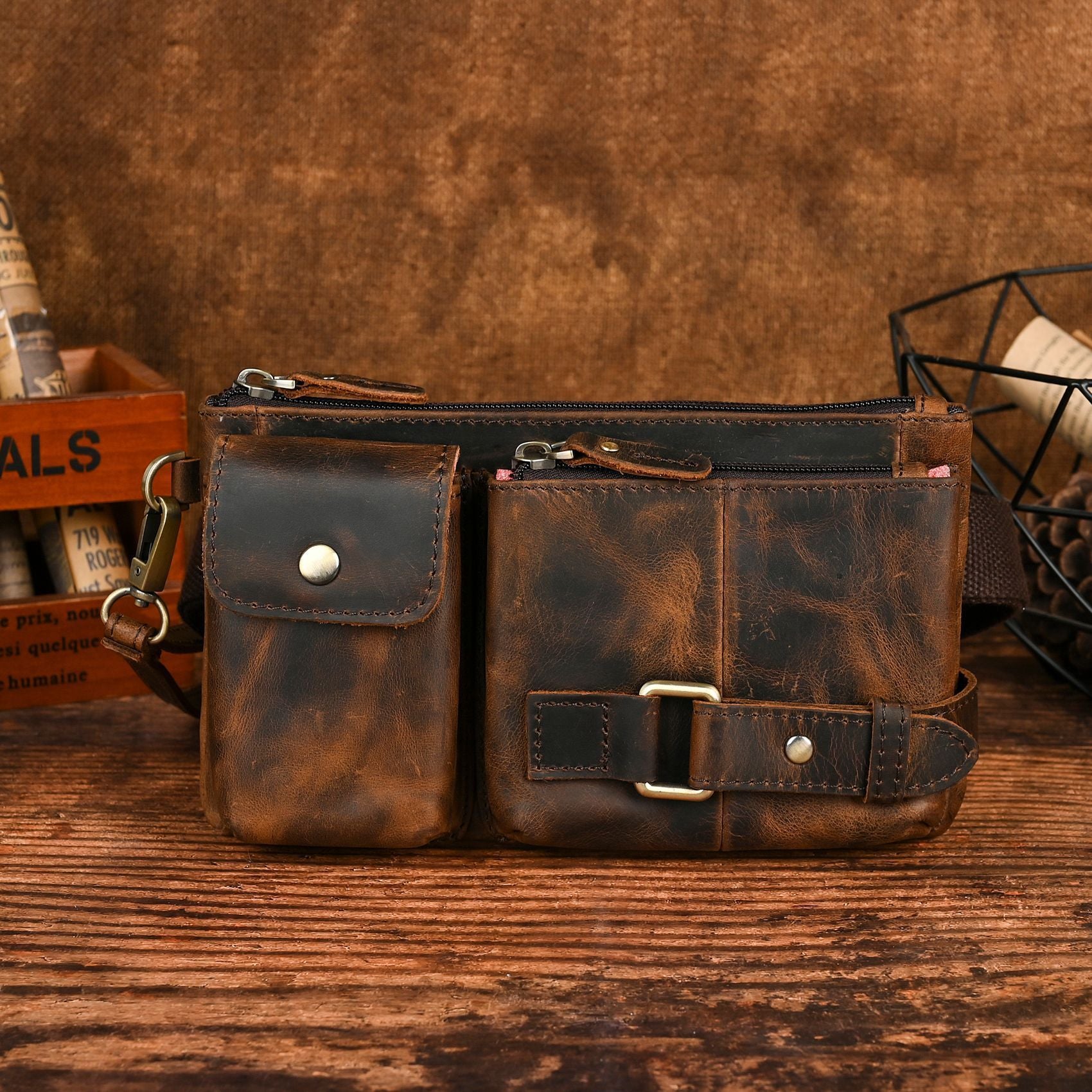 Vegetable Tanned Leather Cowhide Men's Trendy Cool Travel Chest Bag Waist