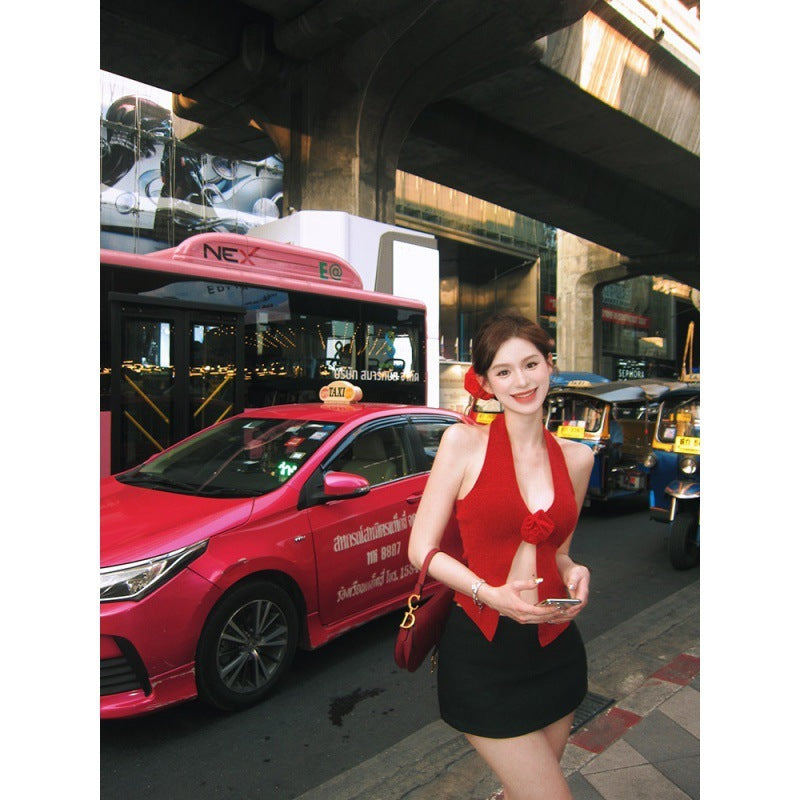 Three-dimensional Flower Knitted Halter Spaghetti Straps Vest