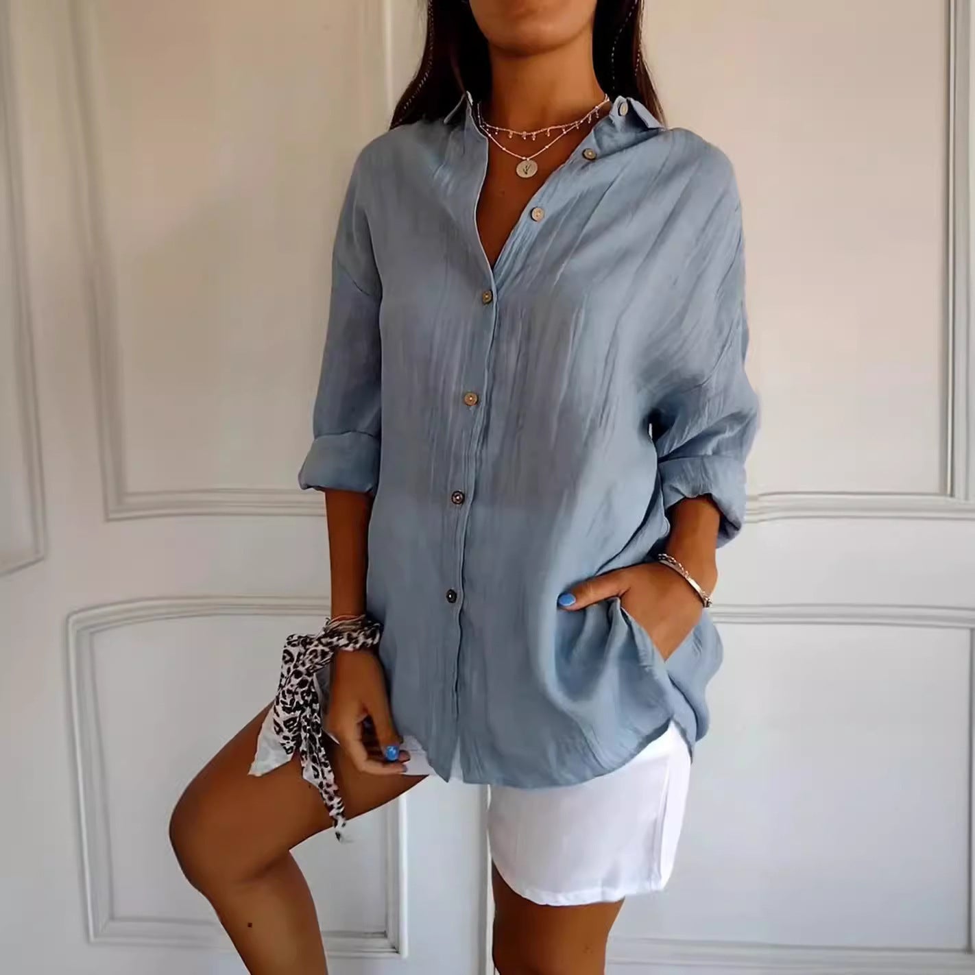 Women's Single-breasted Pleated Lapel Shirt