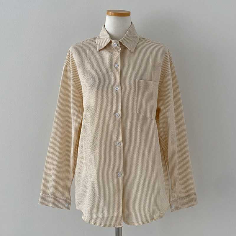 French Classic Striped Pleated Loose Pockets Long Sleeve All-matching Shirt