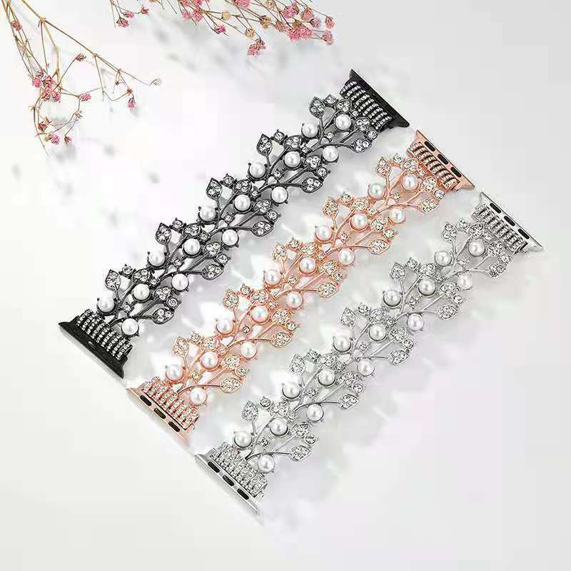 Pearl Diamond Leaf Smart Strap Watch Bracelet