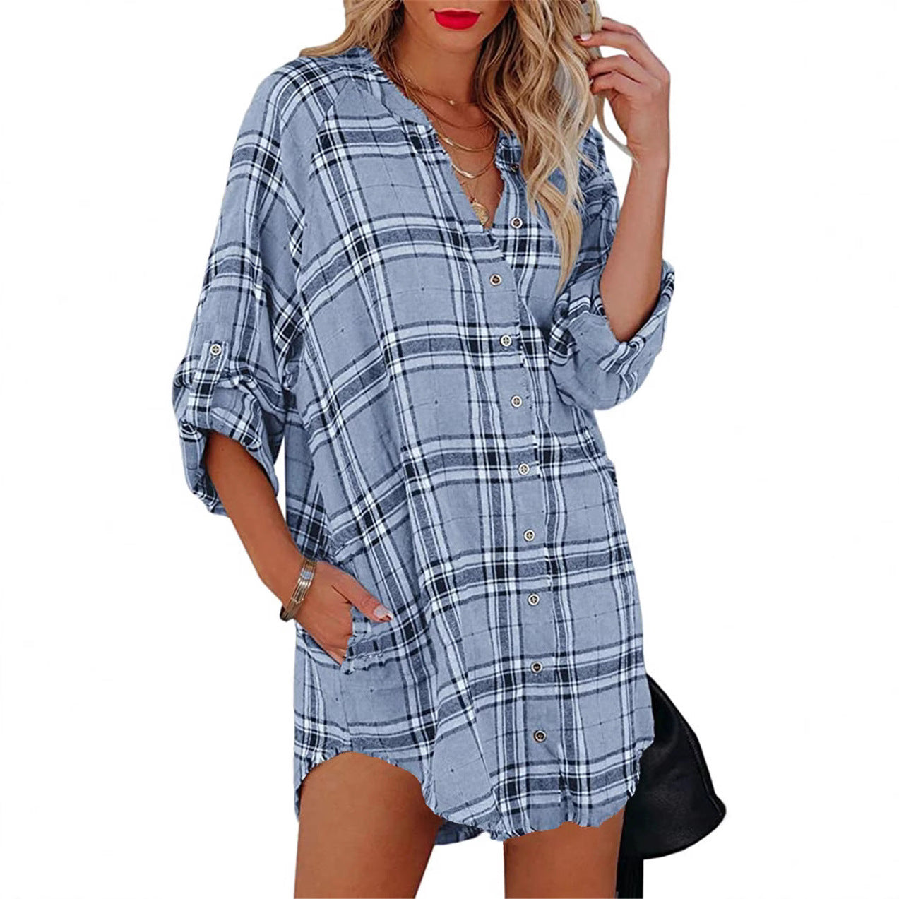 Plaid Printed V-neck Long Sleeve Top