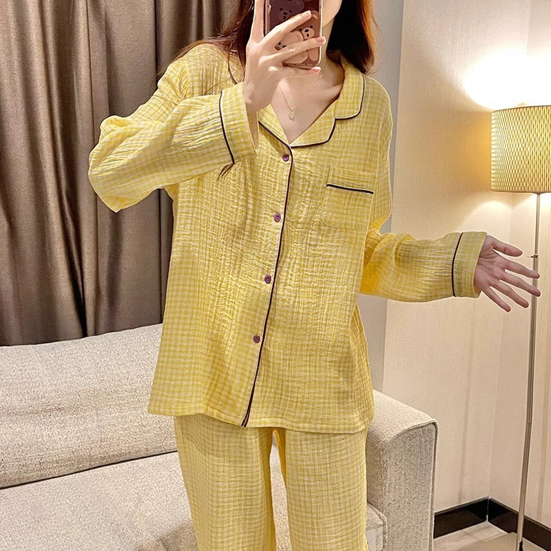 Yellow Plaid Long Sleeve Couple Simple Homewear Suit