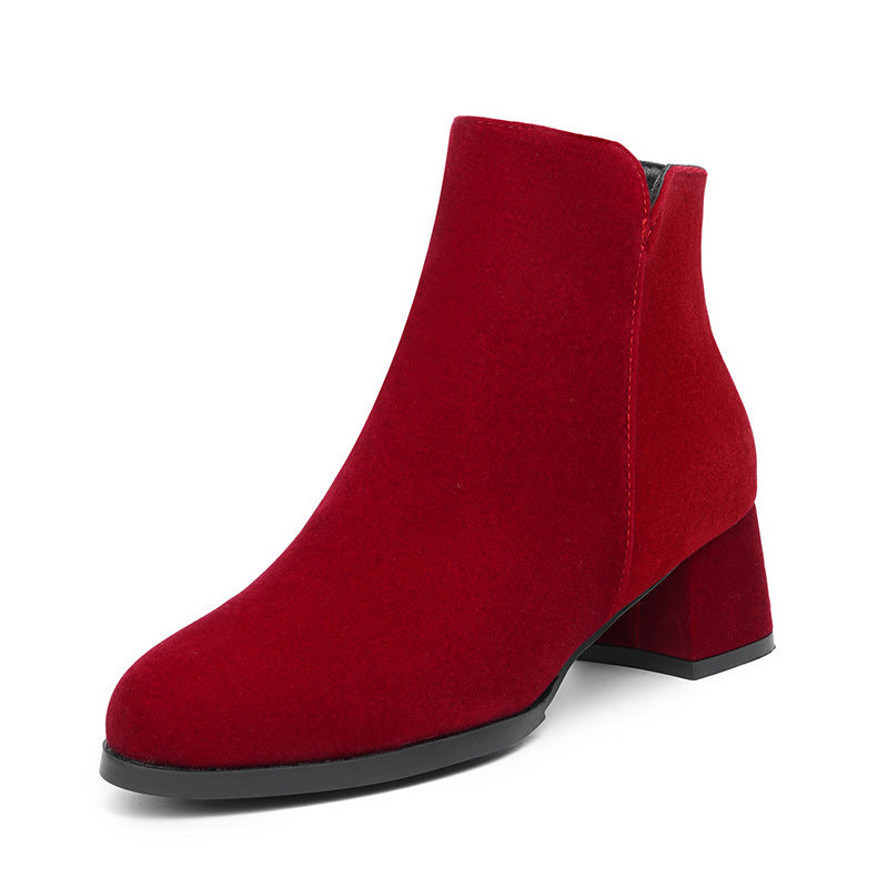 Pointed-toe Frosted Suede Side Zipper Chunky Heel Mid Heel Plus Size Female Boots