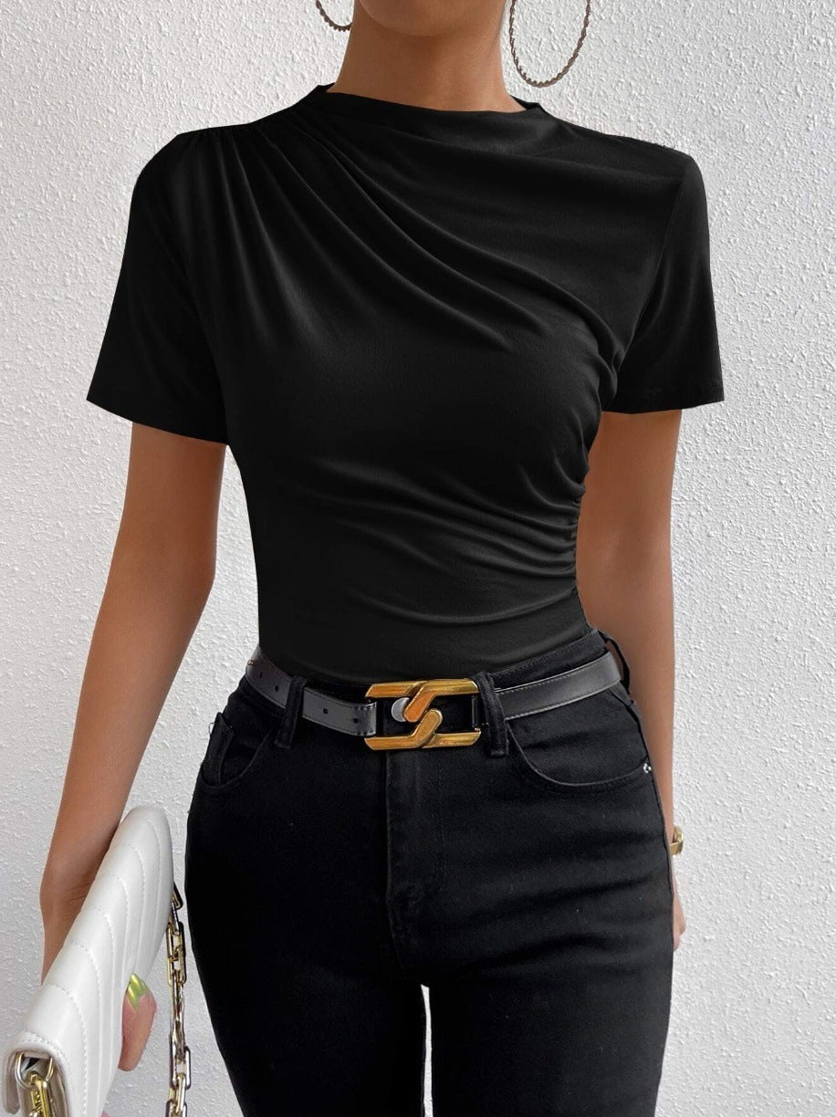 Women's Slim-fit Short-sleeved T-shirt With Small Turtleneck Pleating