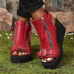 Round Toe Double Zipper Heel Buckle Hollow Women's Sandals