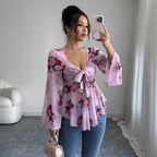 European And American Design Sense French Sweet Flower Blooming Lace-up Square Collar Long Sleeve Shirt