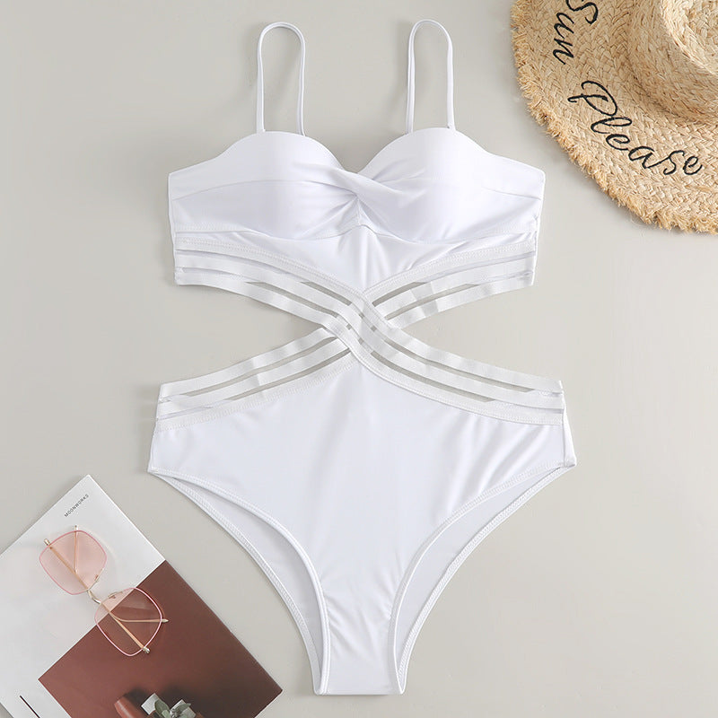 Women's Solid Color European And American Lace Up One-piece Bikini