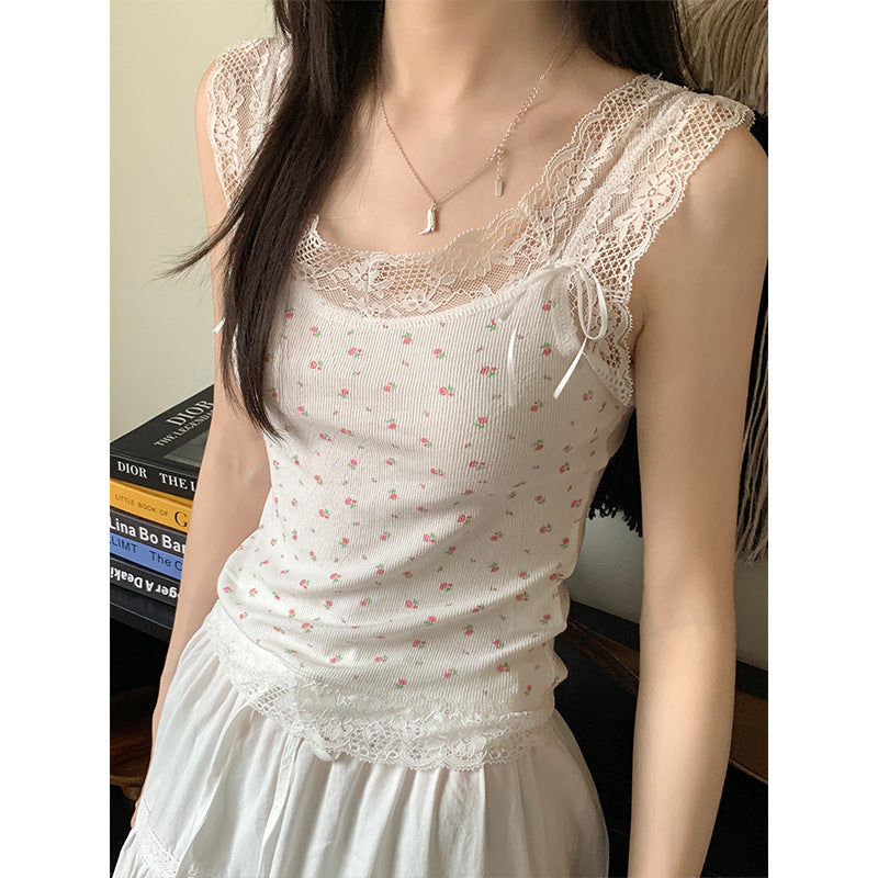 Sweet And Spicy Lace Stitching Floral Slim-fitting Suspenders Vest