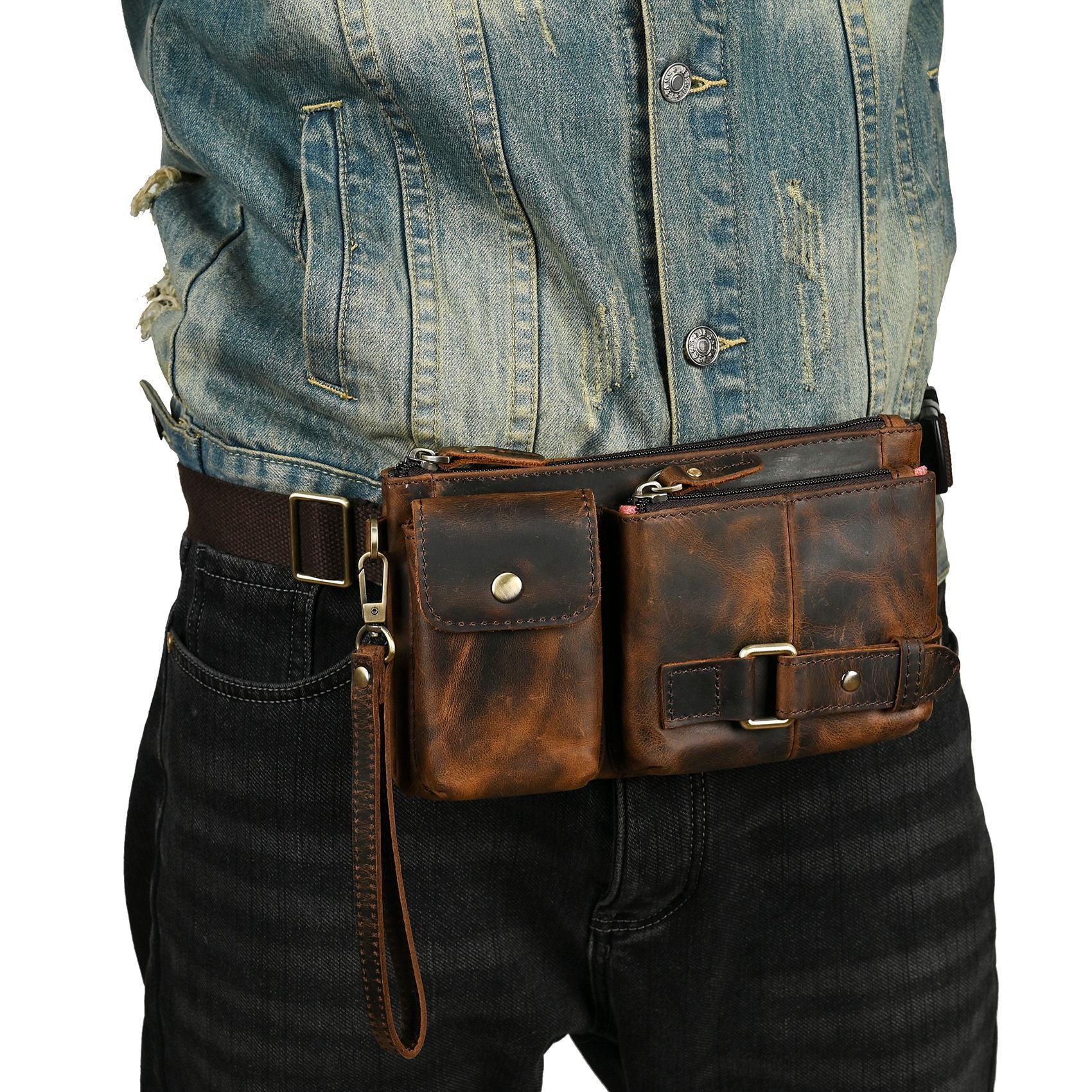 Vegetable Tanned Leather Cowhide Men's Trendy Cool Travel Chest Bag Waist