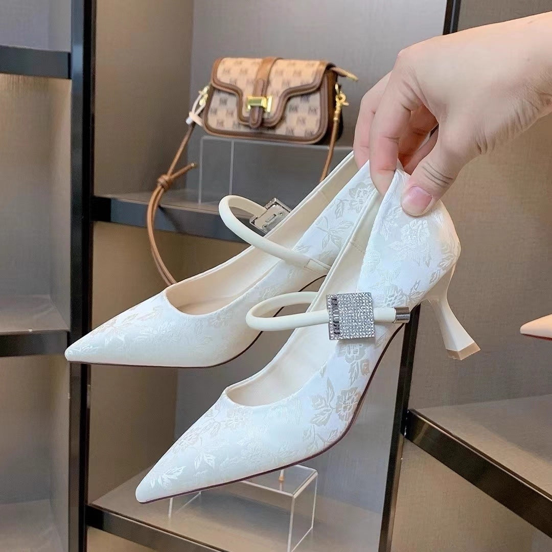 Pointed Toe Chinese Style Embroidery Low-cut High Heels Women's Stiletto Heel