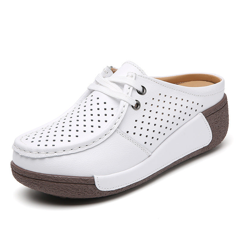 New Plus Size Hollow-out Soft Bottom Wedge Women's Genuine Leather Platform Slippers Summer Outerwear