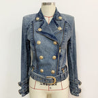 New Locomotive Denim Jacket With Double Row Metal Buckle Washed Denim Jacket