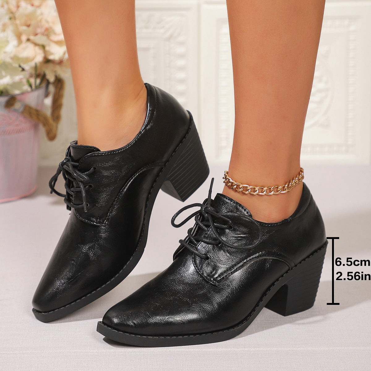 Pointed British Style High Heel Chunky Heel Front Lace-up Low-top Leather Shoes