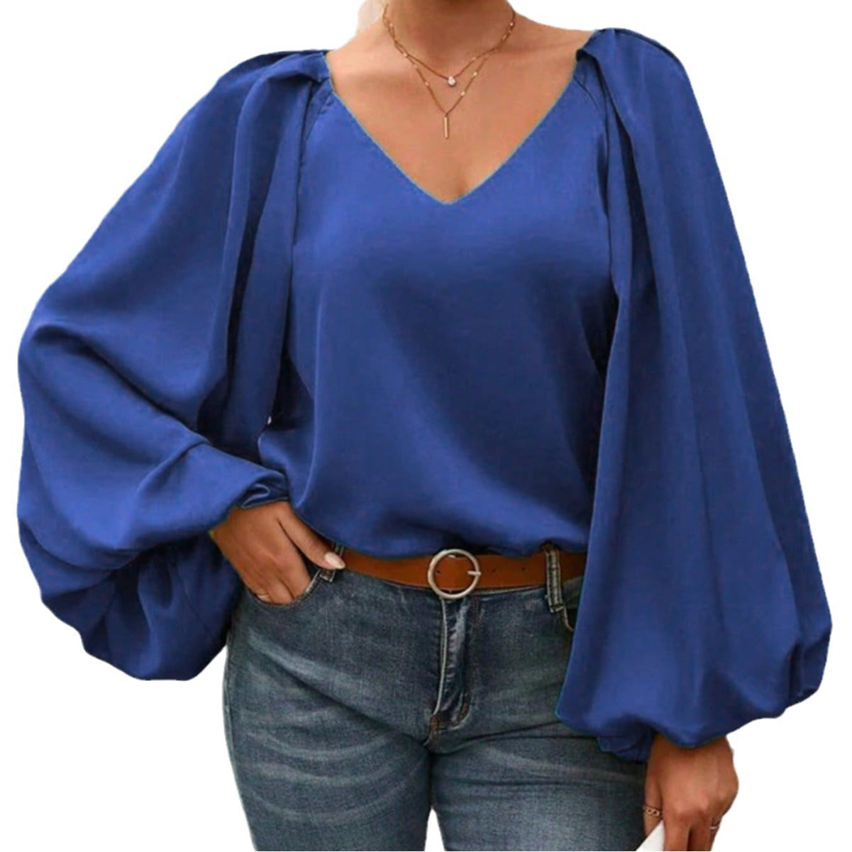 V-neck Lantern Sleeve Loose Long Sleeve Shirt
