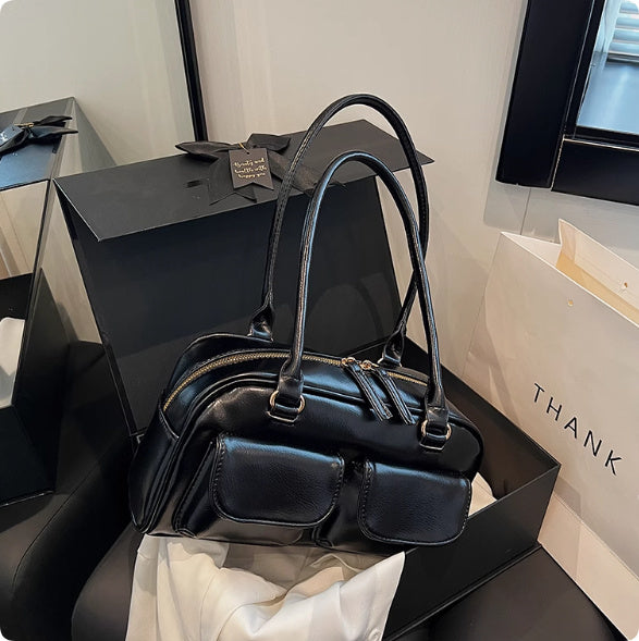 Oil Wax Leather Bowling Bag, Korean Niche Underarm Bag