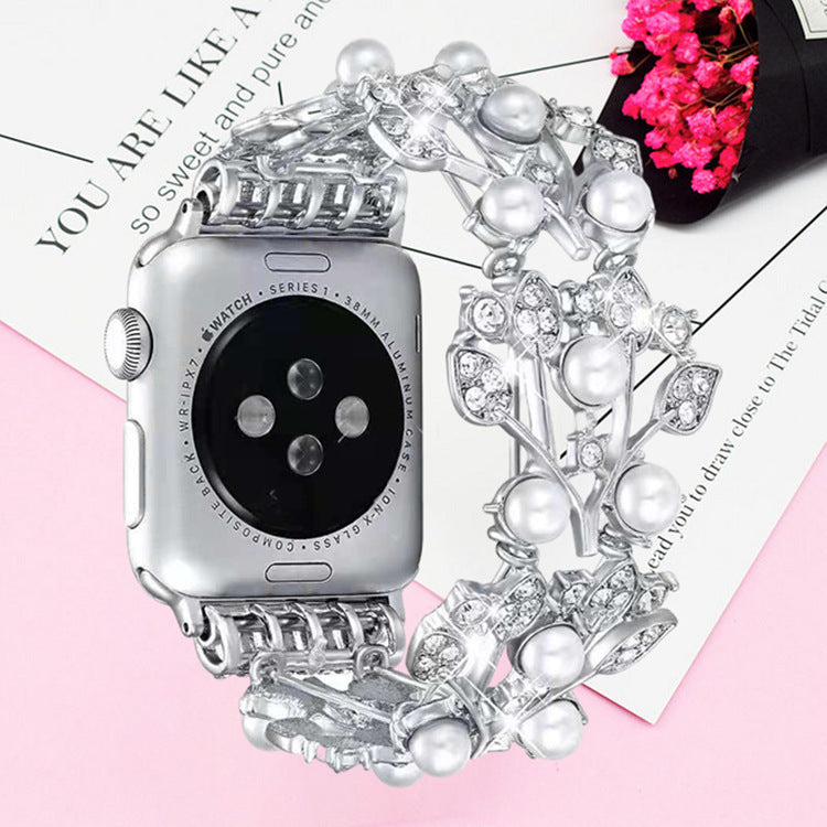 Pearl Diamond Leaf Smart Strap Watch Bracelet