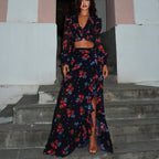 Printed Long Sleeve Short Top Design Ruffled Slit Sheath Skirt Two-piece Set