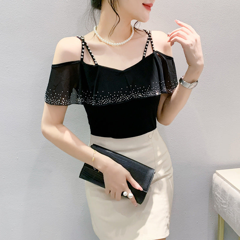 Mesh Hot Drilling V-neck Patchwork Top