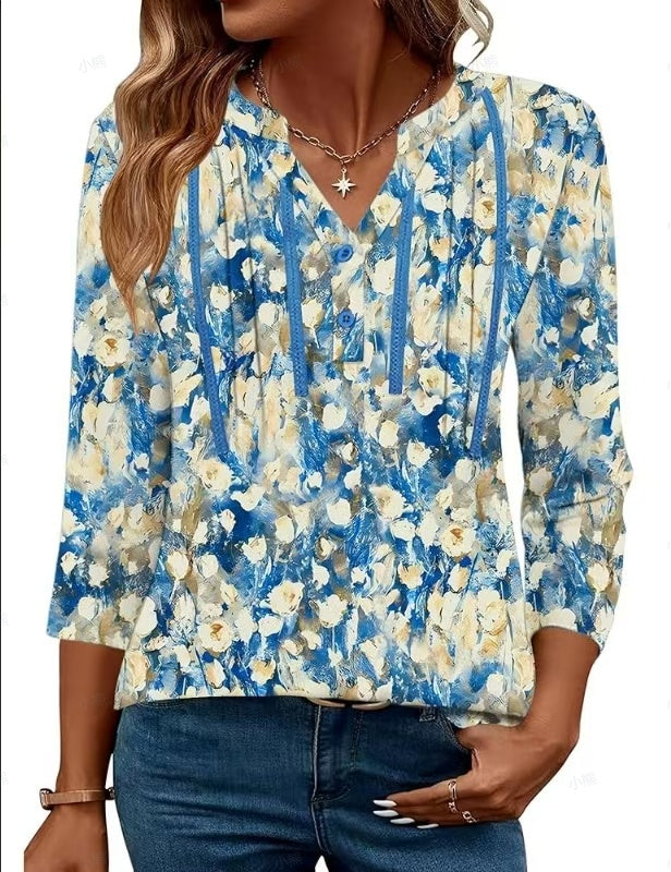 Women'S V-Neck Long Sleeve Shirt With Letter Print