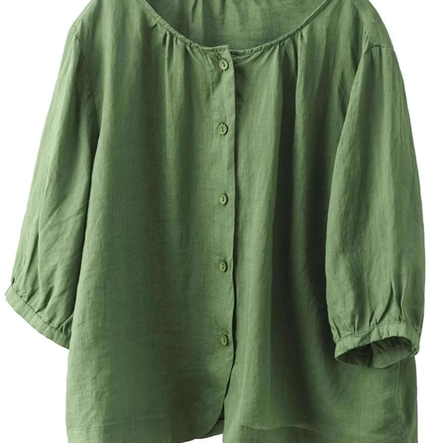 Cotton And Linen Shirt Women's Elegant Single-breasted Round Neck Top