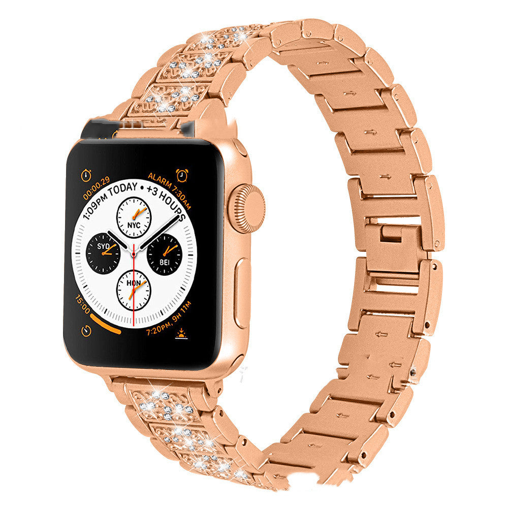 Smart Watch Diamond Three Beads Full Diamond Solid Chain Watch Strap